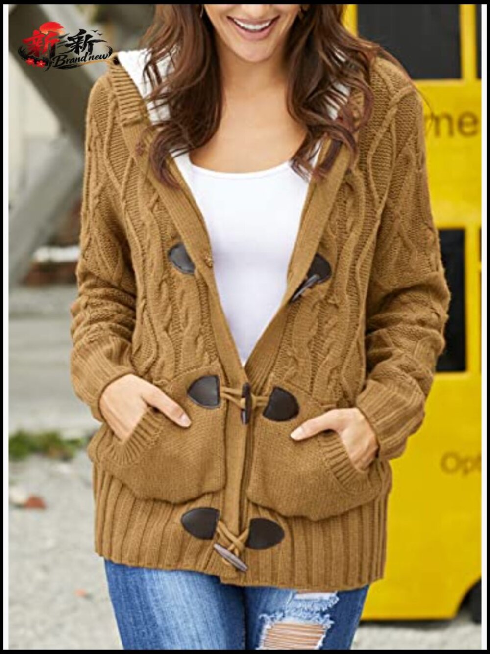 Women's Hooded Cardigan Sweater Fleece Lined Button Down Winter Coat - Picture 3 of 7